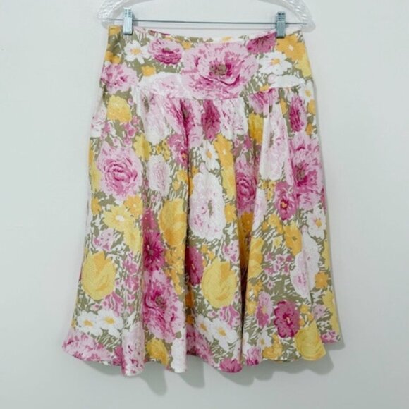Ann Taylor Loft Linen Floral Peony Pleated A-Line Skirt Pink & Yellow Size 6 - Picture 2 of 5